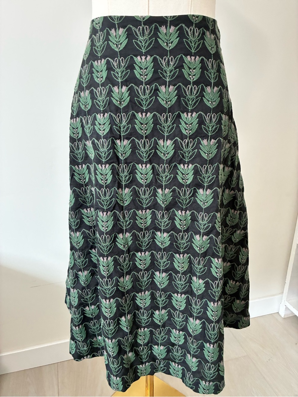 A-Line Black Skirt with Embroidered Green Leaf Motif